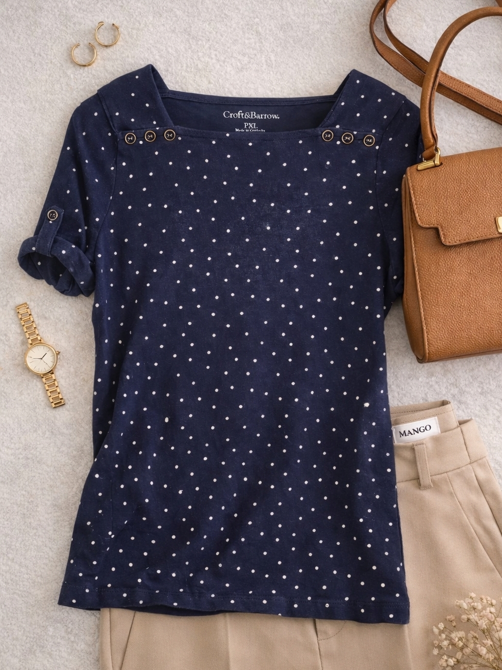 Croft & Barrow Navy Polka Dot Short Sleeve Tee with Button Accents